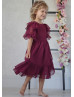 Elbow Sleeves Burgundy Chiffon Flower Girl Dress